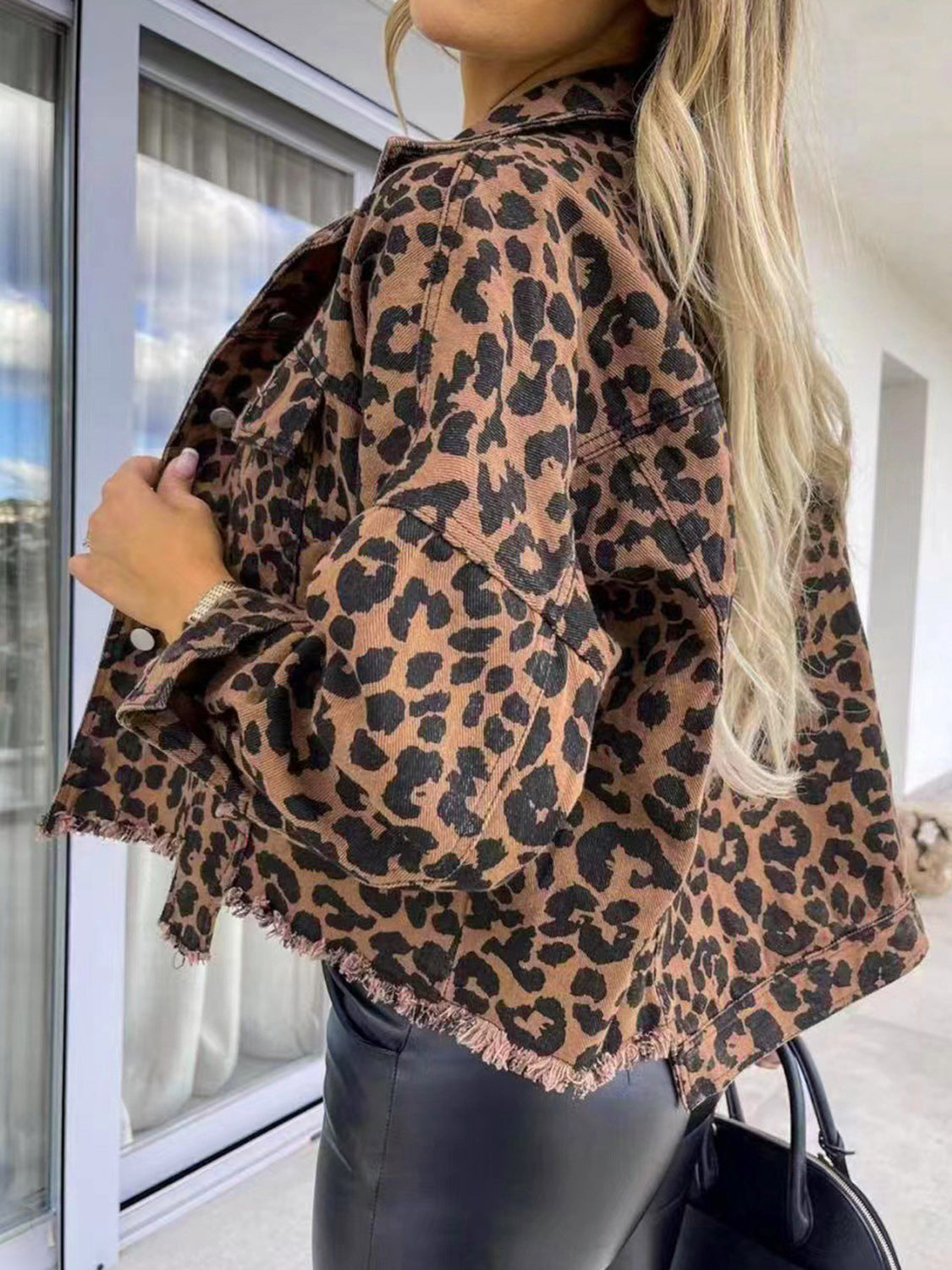 Raw Hem Leopard Collared Neck Denim Jacket - Barbara Aleks