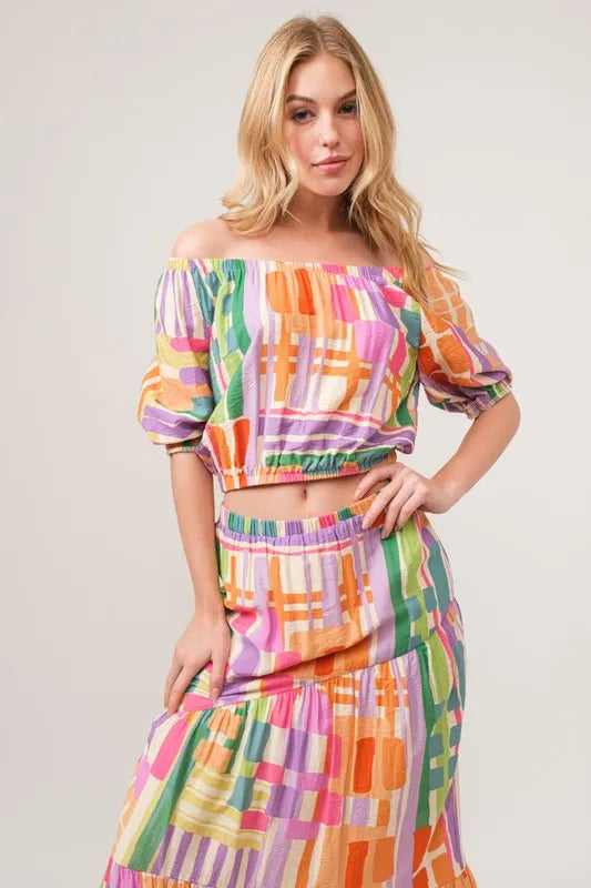Puff Sleeve Elastic Edges Geo Printed Crop Top - Barbara Aleks