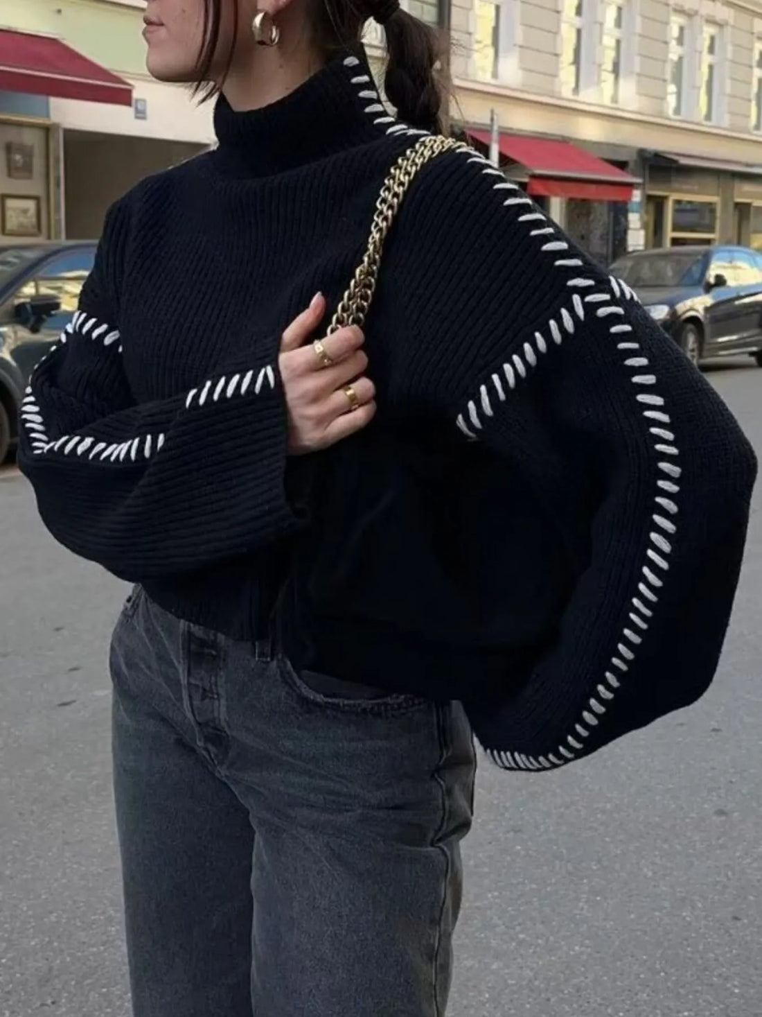 Contrast Mock Neck Long Sleeve Sweater - Barbara Aleks