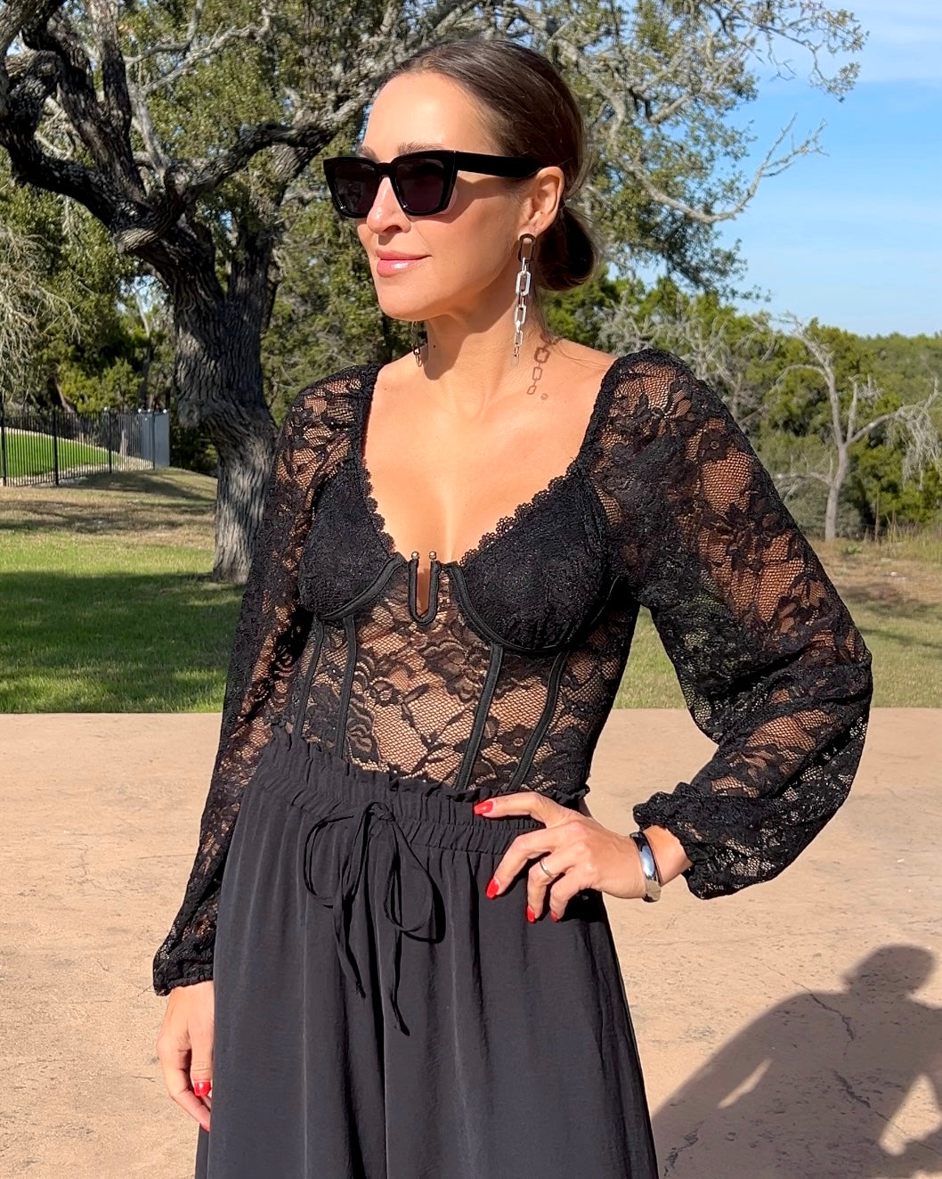 Lace V-Neck Long Sleeve Bodysuit - Barbara Aleks