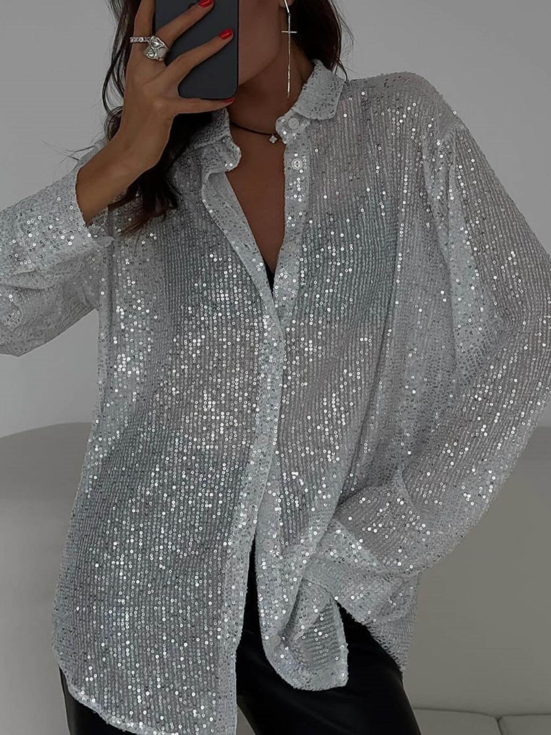 Sequin Button Up Long Sleeve Shirt - Barbara Aleks