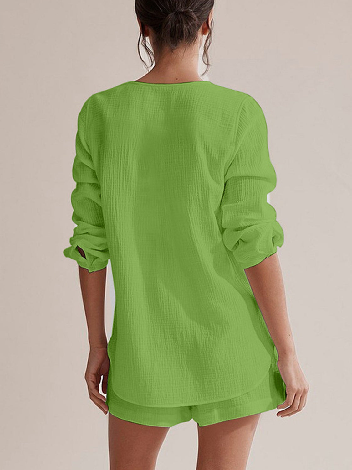 Notched Long Sleeve Top and Shorts Set - Barbara Aleks