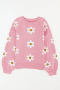 Flower Round Neck Dropped Shoulder Sweater - Barbara Aleks