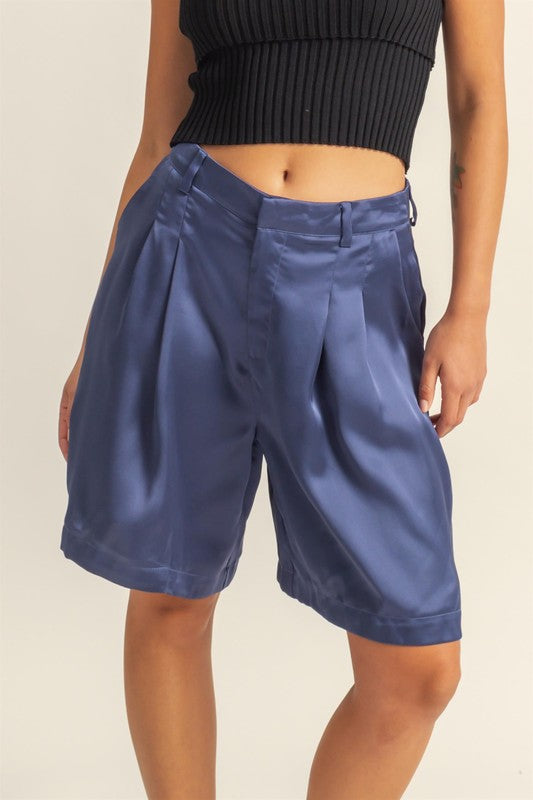 High-Waist Pleated Satin Shorts - Barbara Aleks