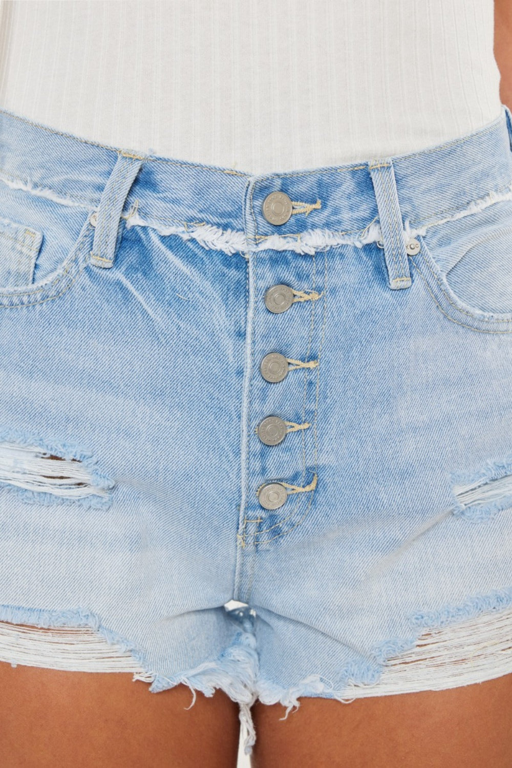 Distressed Button Fly Denim Shorts - Barbara Aleks