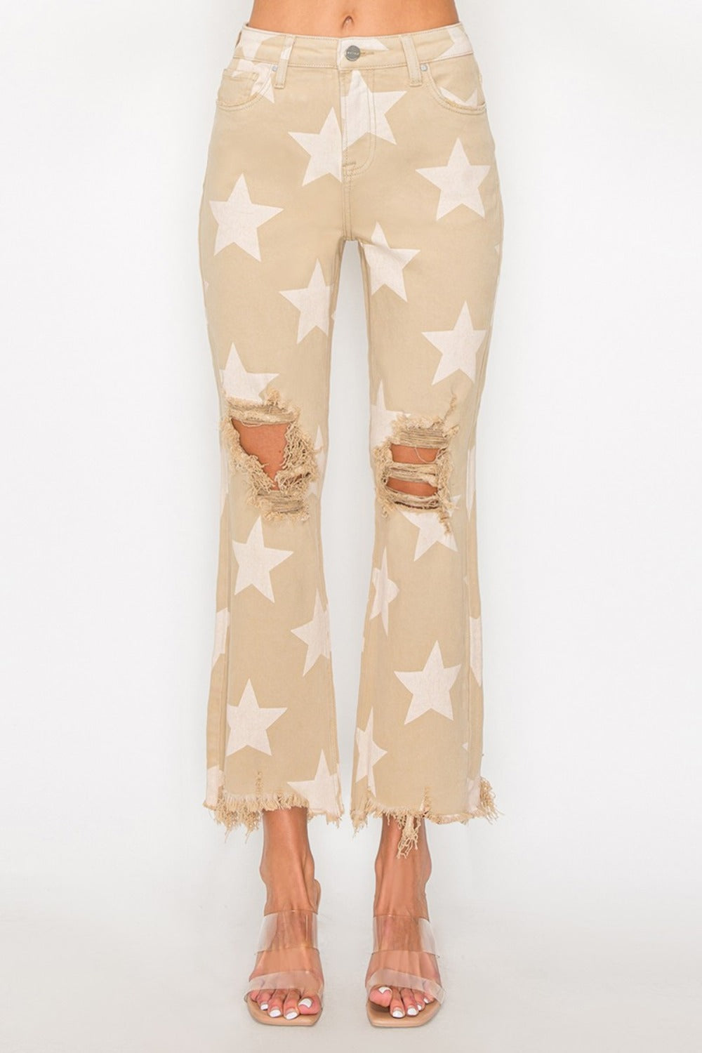 High Rise Star Printed Frayed Hem Jeans - Barbara Aleks