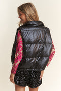 Snap and Zipper Shiny Metallic Puffer Vest - Barbara Aleks