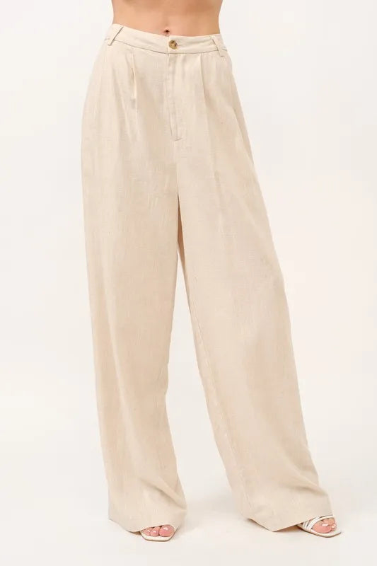 High-Rise Wide Leg Linen Blended Pants - Barbara Aleks