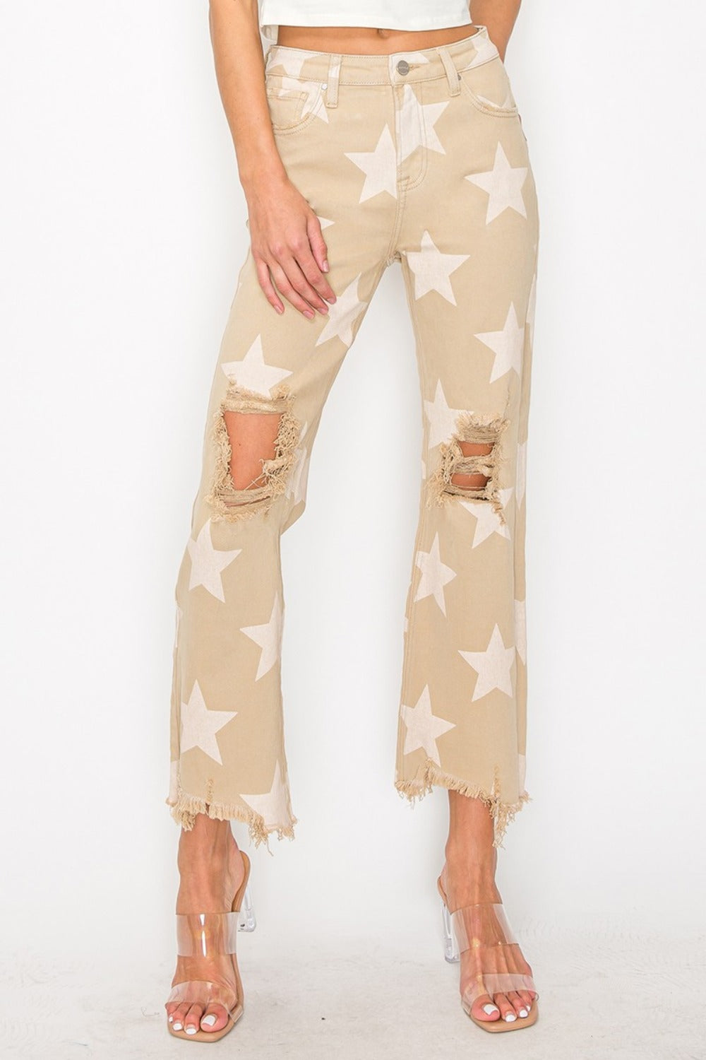 High Rise Star Printed Frayed Hem Jeans - Barbara Aleks
