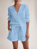 Notched Long Sleeve Top and Shorts Set - Barbara Aleks