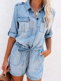 Drawstring Half Button Half Sleeve Denim Romper - Barbara Aleks