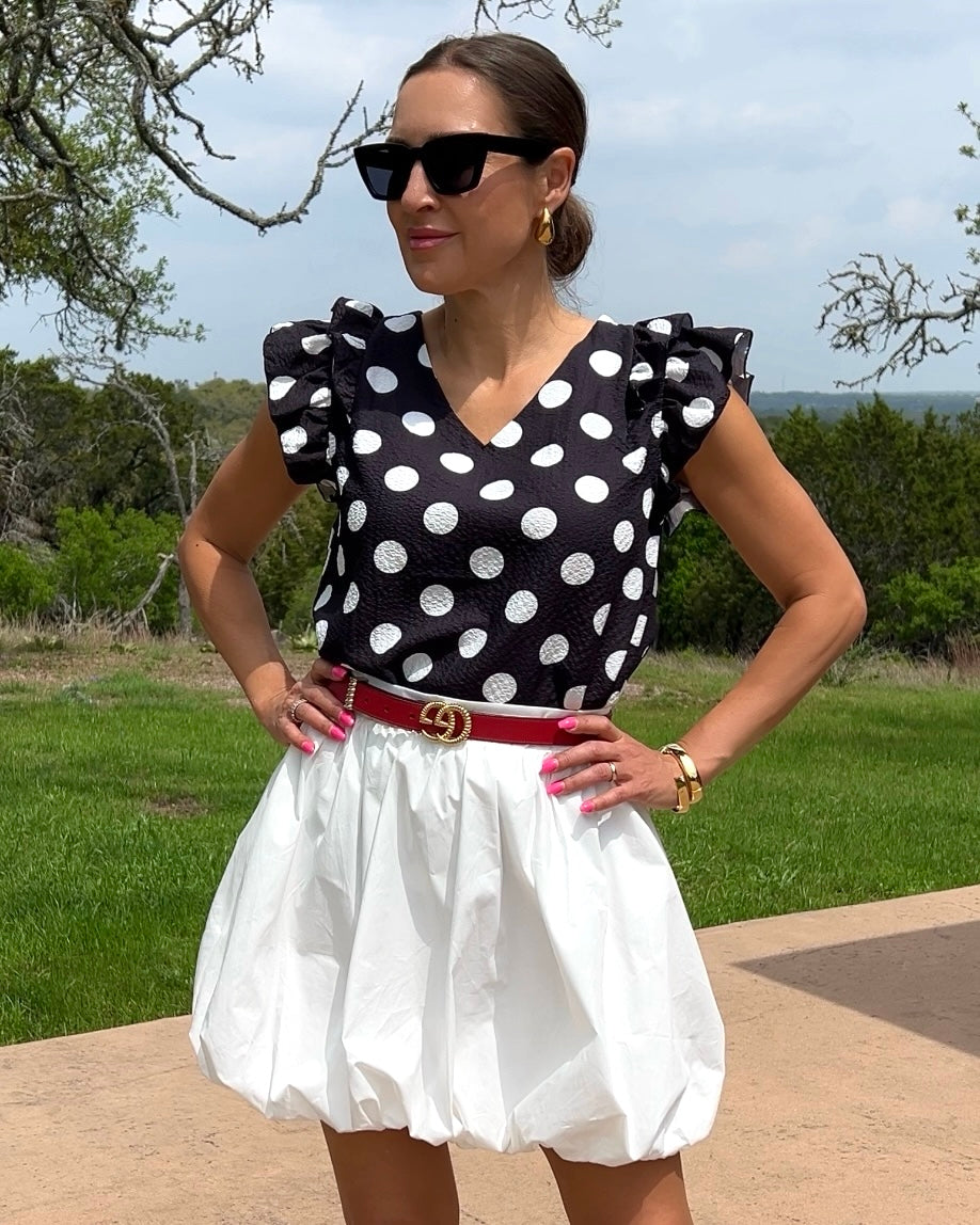 Polka Dot V-Neck Ruffle Cap Sleeve Blouse - Barbara Aleks