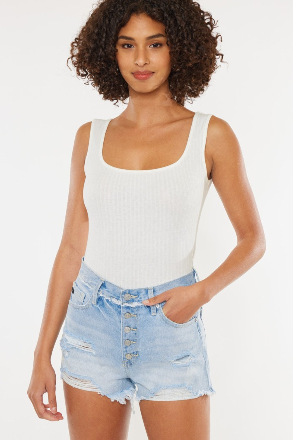 Distressed Button Fly Denim Shorts - Barbara Aleks