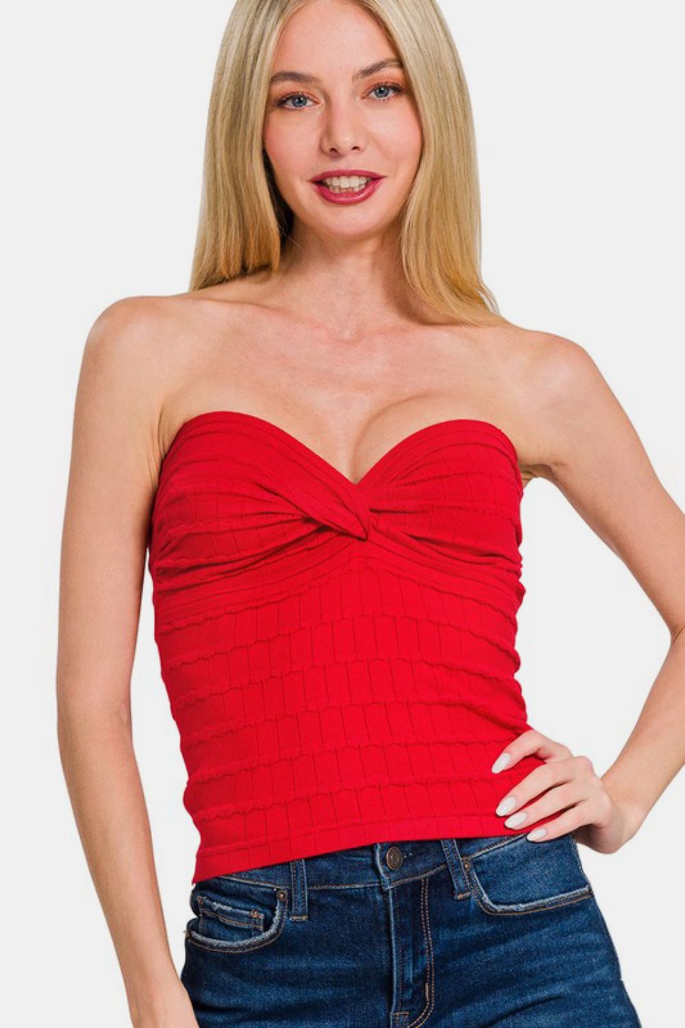Ruched Twisted Sweetheart Neck Top - Barbara Aleks