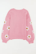 Flower Round Neck Dropped Shoulder Sweater - Barbara Aleks