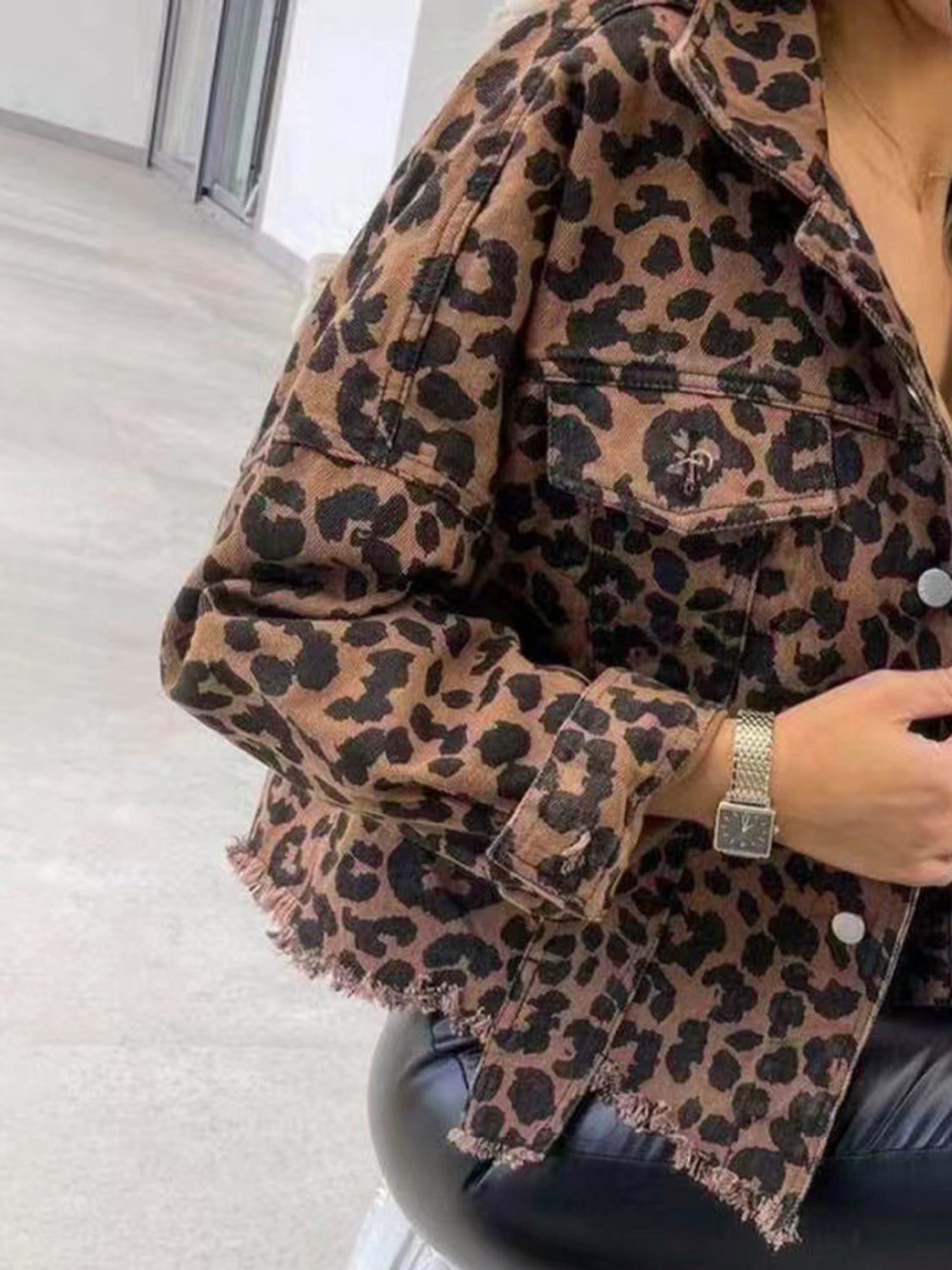 Raw Hem Leopard Collared Neck Denim Jacket - Barbara Aleks