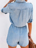 Drawstring Half Button Half Sleeve Denim Romper - Barbara Aleks