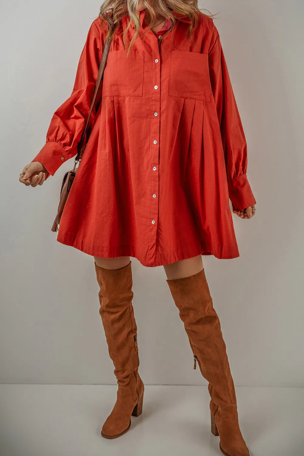 Pocketed Button Down Long Sleeve Shirt Dress - Barbara Aleks