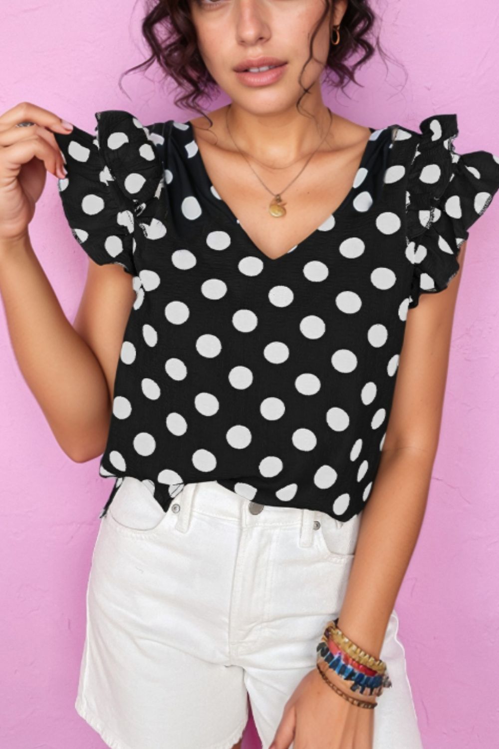 Polka Dot V-Neck Ruffle Cap Sleeve Blouse - Barbara Aleks