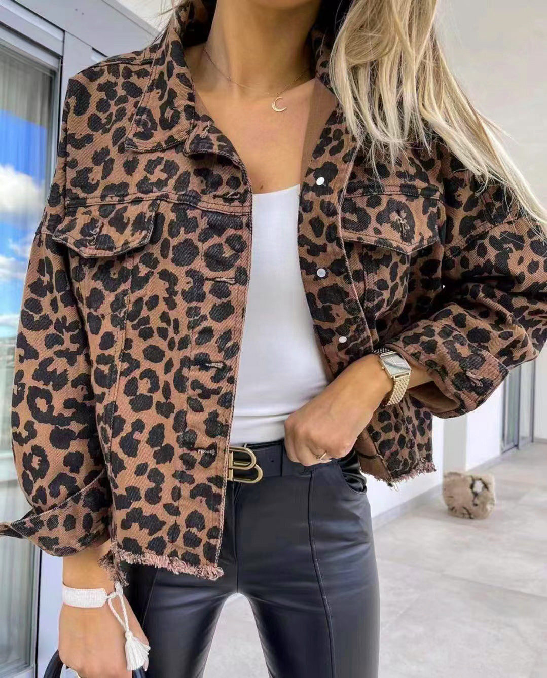 Raw Hem Leopard Collared Neck Denim Jacket - Barbara Aleks