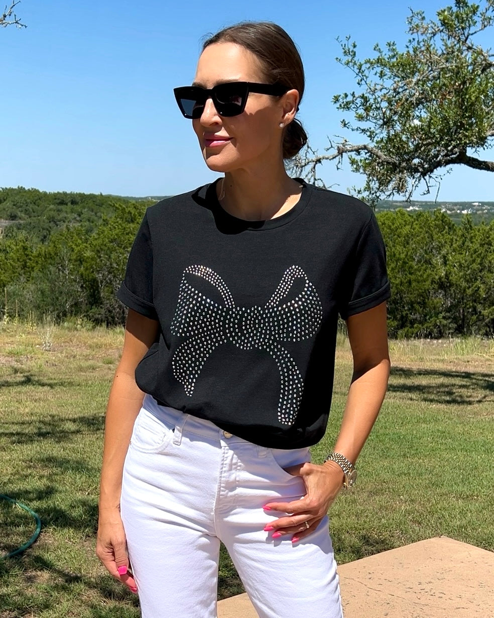 Rhinestone Bow Graphic Round Neck Short Sleeve T-Shirt - Barbara Aleks