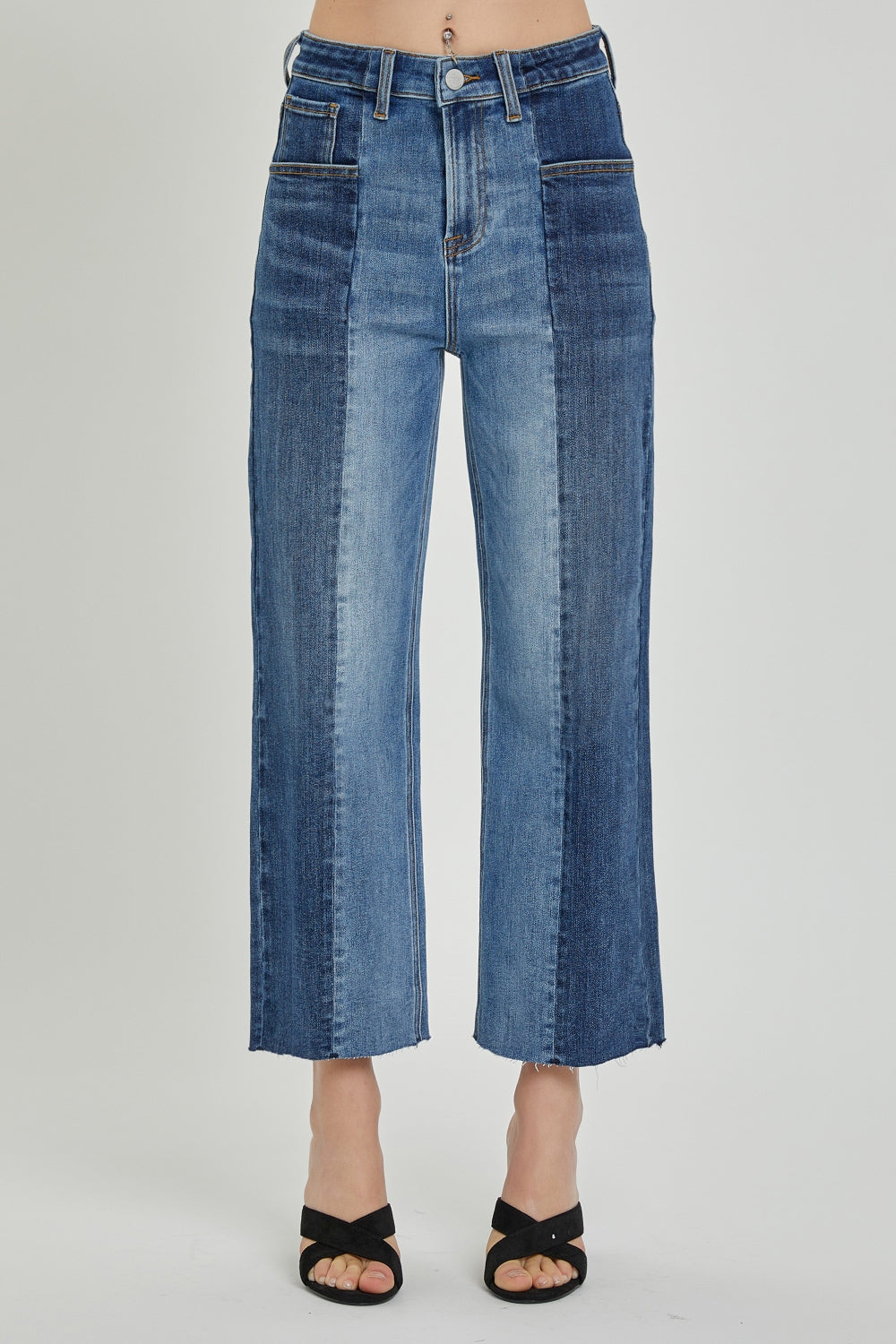 Full Size Mid-Rise Waist Two-Tones Jeans with Pockets - Barbara Aleks