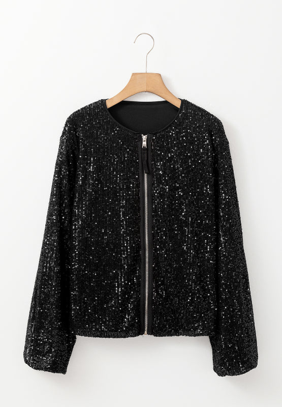 Sequin Zip Up Long Sleeve Jacket - Barbara Aleks