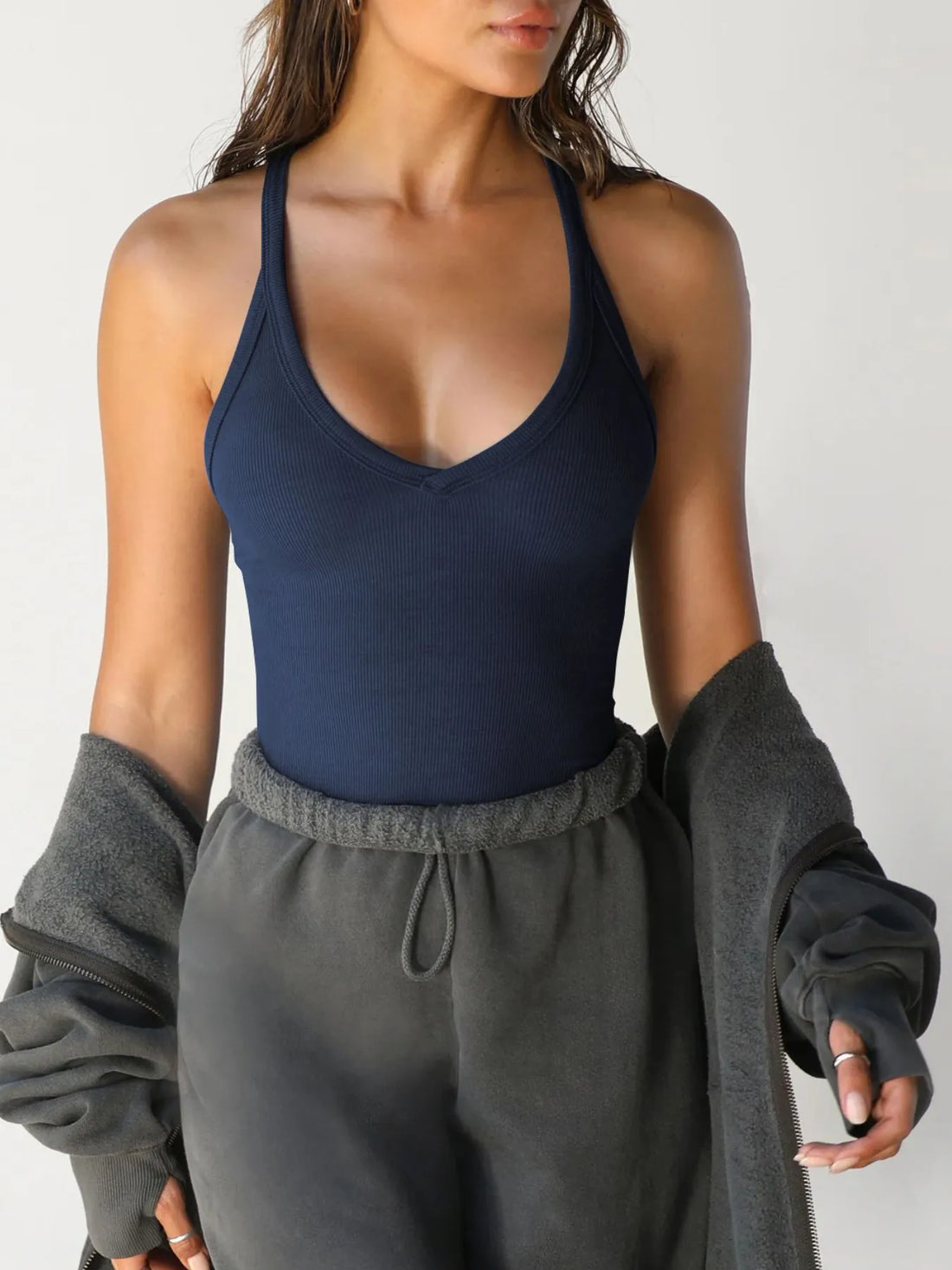 Ribbed V-Neck Halter Tank Top - Barbara Aleks