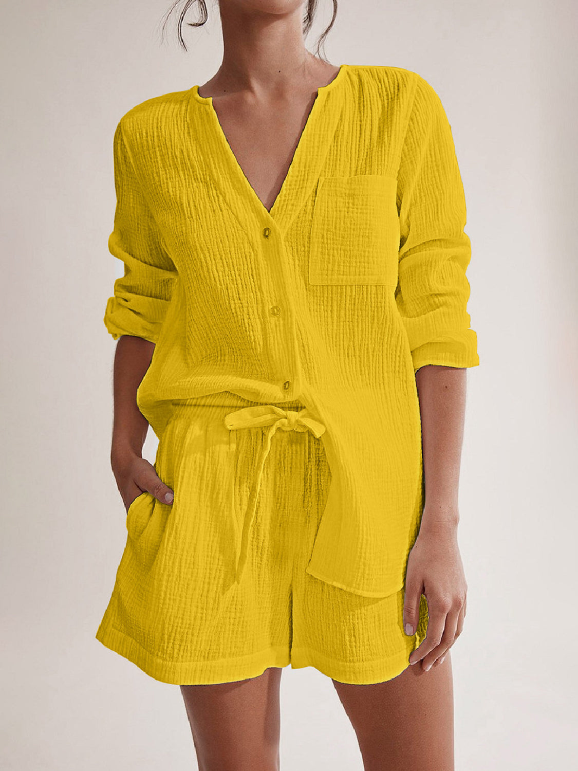 Notched Long Sleeve Top and Shorts Set - Barbara Aleks