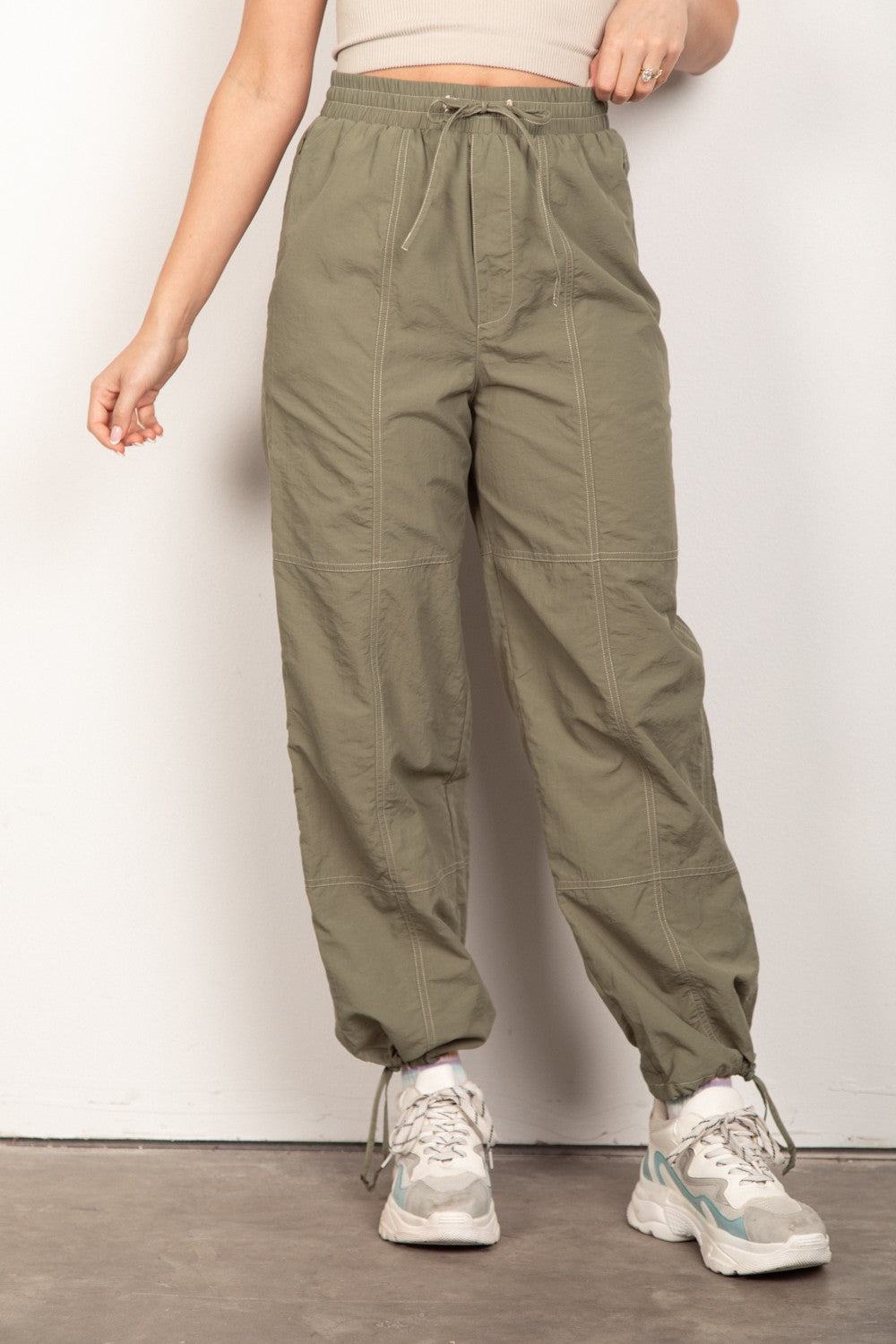 Drawstring Woven Parachute Joggers - Barbara Aleks