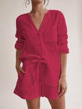 Notched Long Sleeve Top and Shorts Set - Barbara Aleks