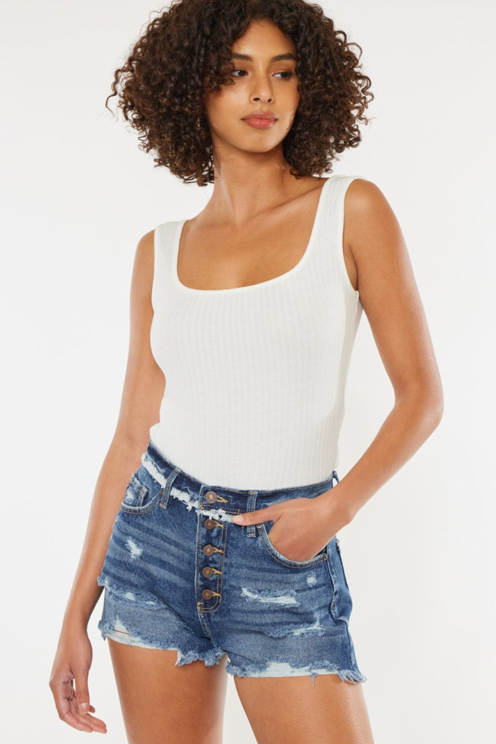 Distressed Button Fly Denim Shorts - Barbara Aleks