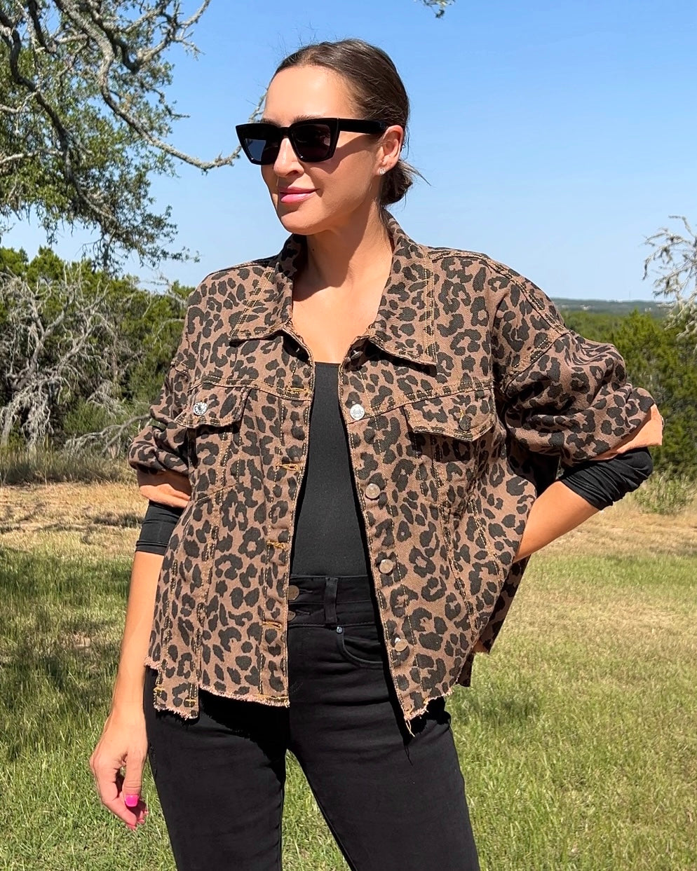 Raw Hem Leopard Collared Neck Denim Jacket - Barbara Aleks