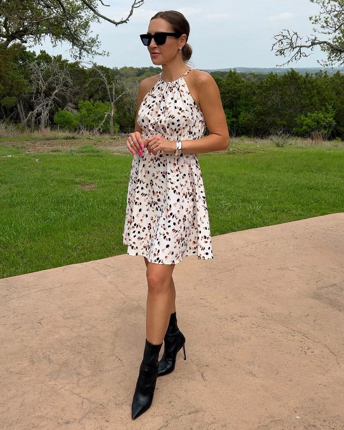 Smocked Printed Grecian Neck Sleeveless Mini Dress - Barbara Aleks