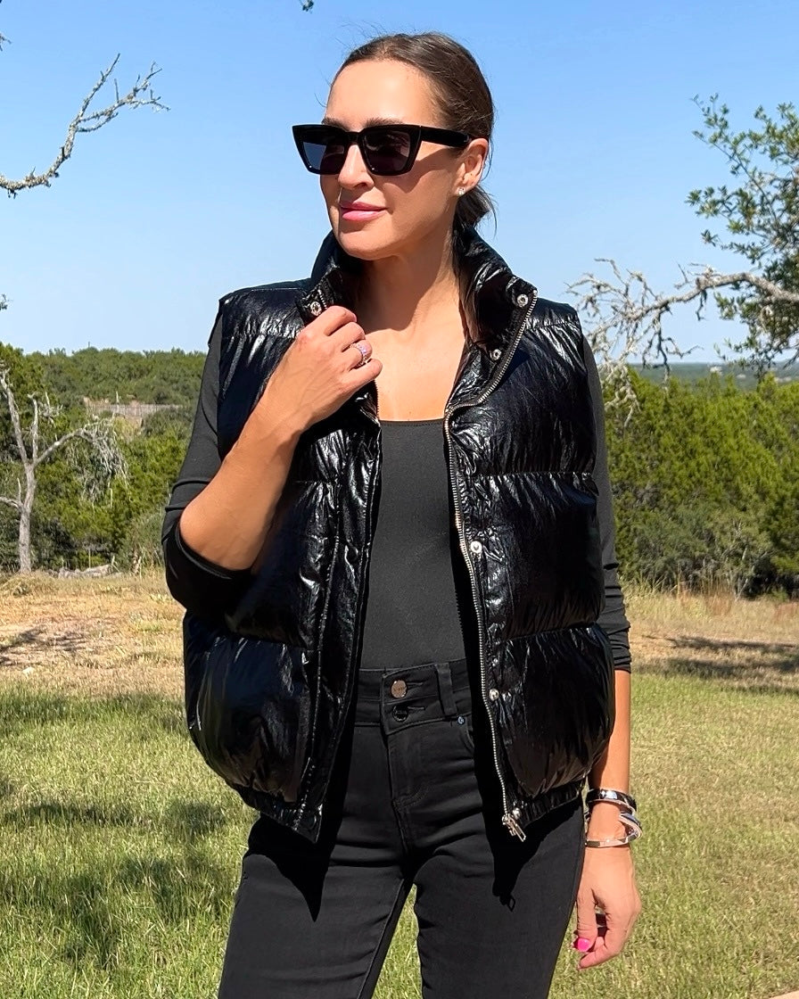 Snap and Zipper Shiny Metallic Puffer Vest - Barbara Aleks