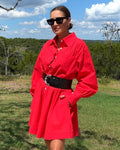Pocketed Button Down Long Sleeve Shirt Dress - Barbara Aleks