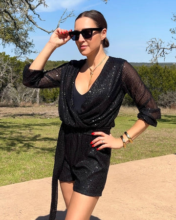 Sequin Surplice Long Sleeve Romper