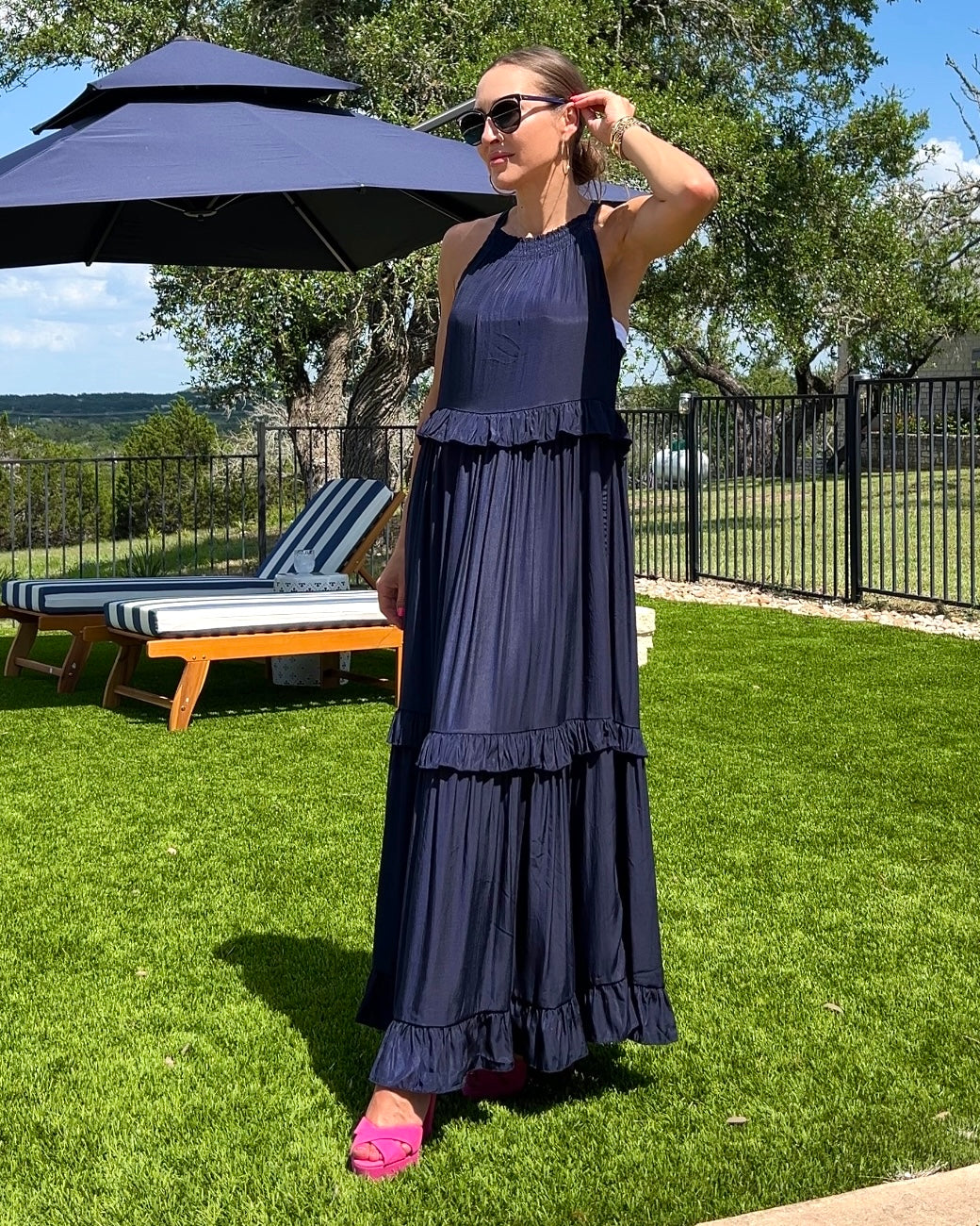 Ruffled Sleeveless Tiered Maxi Dress with Pockets - Barbara Aleks