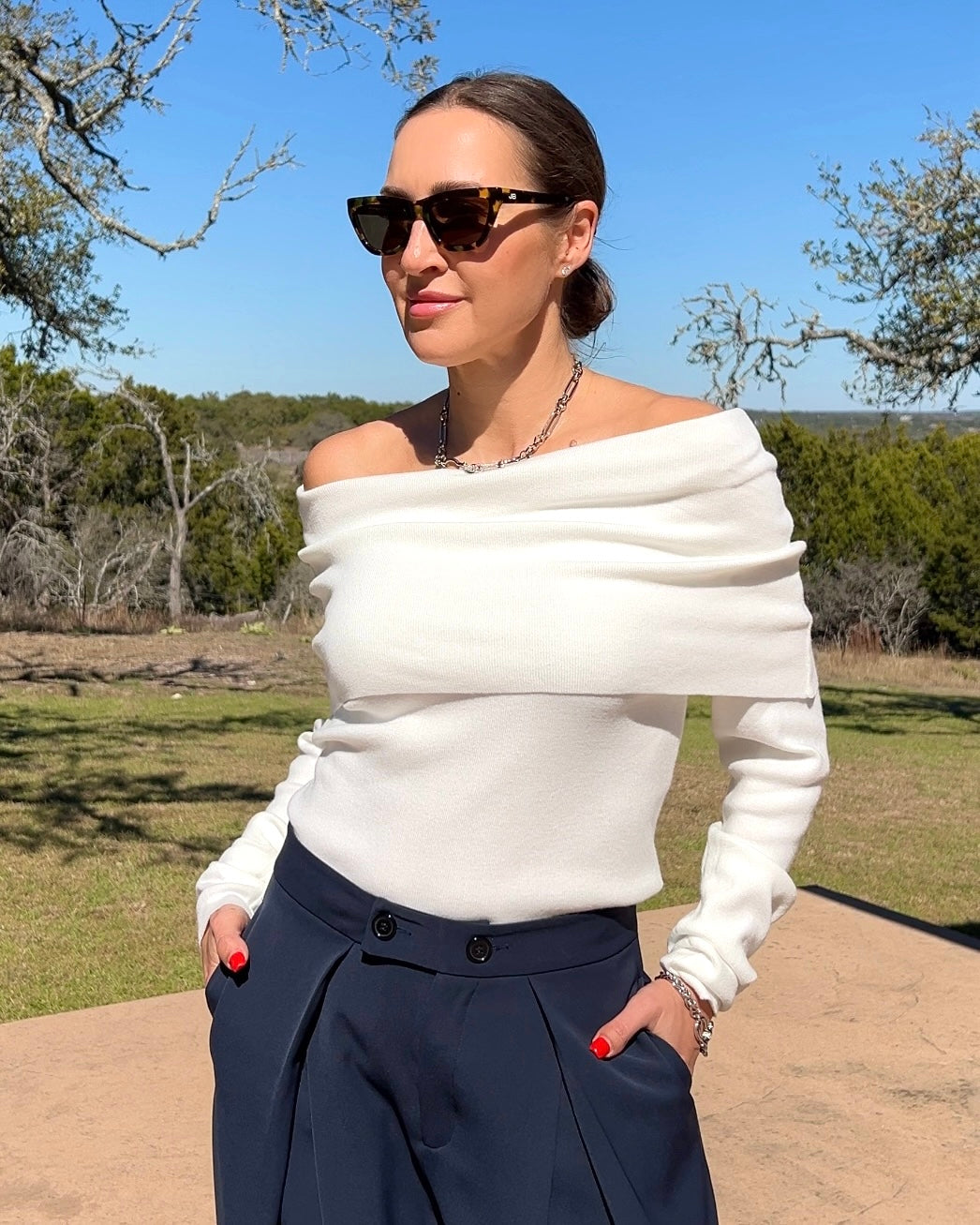 Off-Shoulder Long Sleeve Knit Top - Barbara Aleks