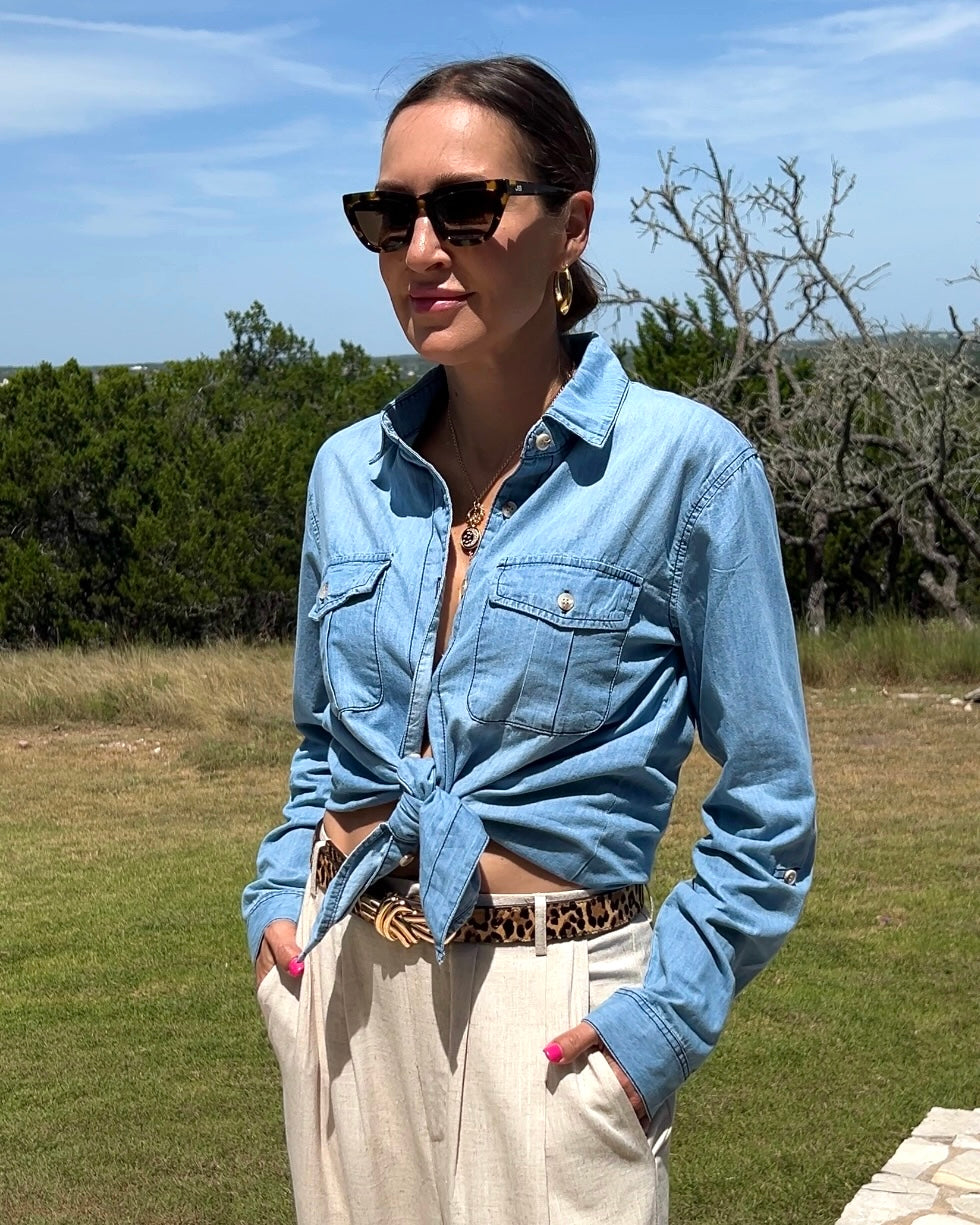 Pocketed Collared Neck Long Sleeve Denim Top - Barbara Aleks