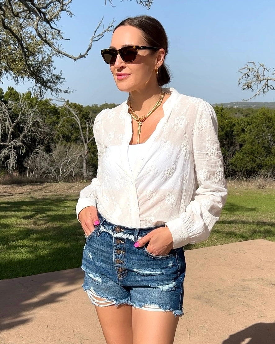 Distressed Button Fly Denim Shorts - Barbara Aleks