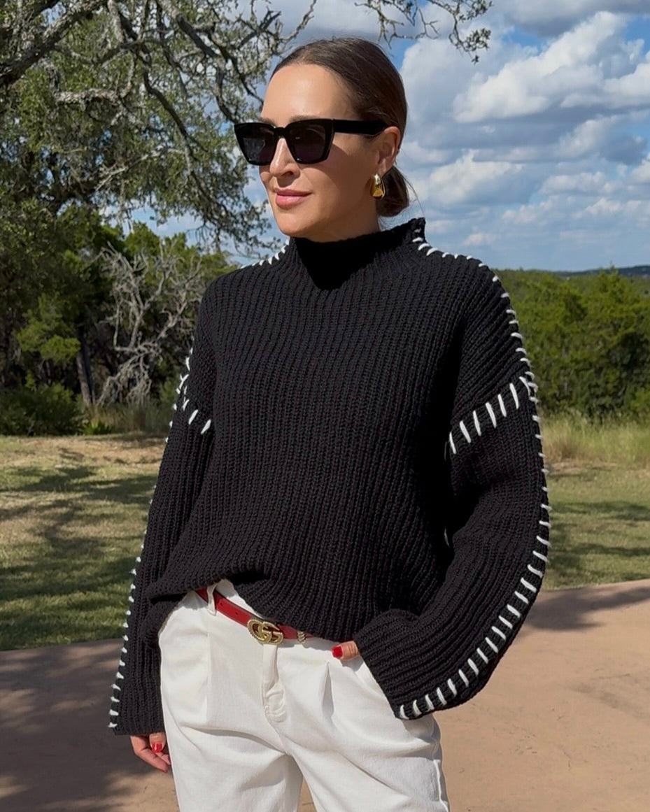 Contrast Mock Neck Long Sleeve Sweater - Barbara Aleks
