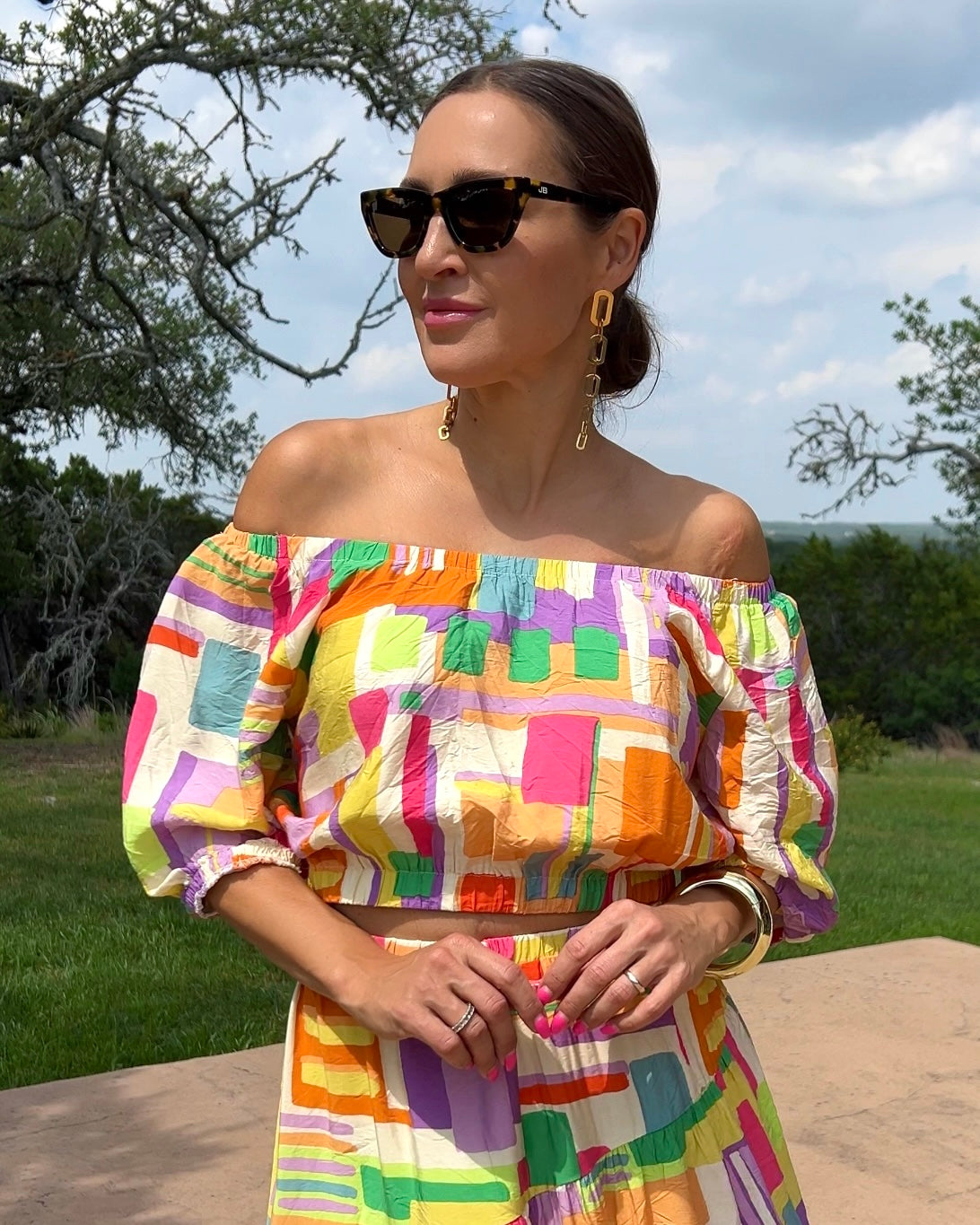 Puff Sleeve Elastic Edges Geo Printed Crop Top - Barbara Aleks