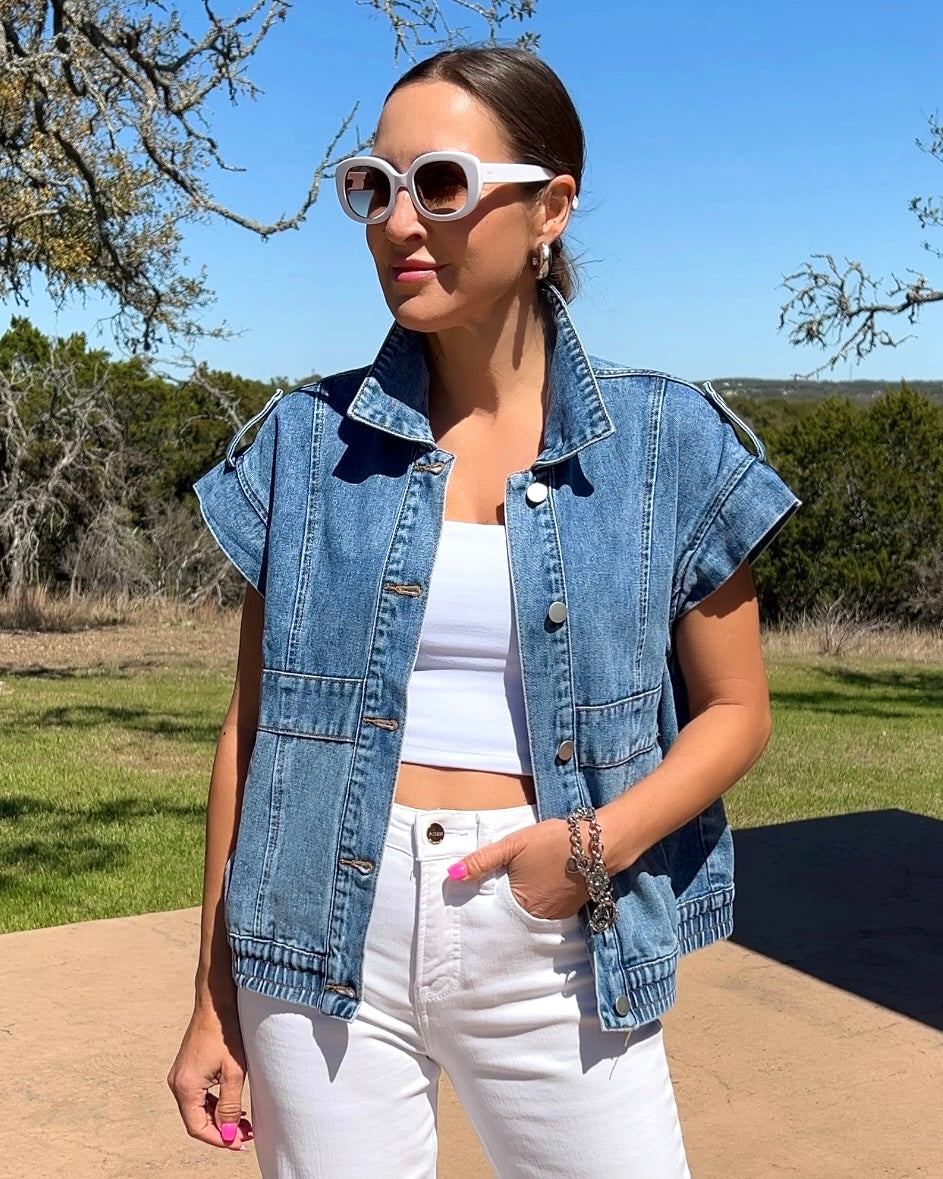 Button Up Cap Sleeve Denim Jacket - Barbara Aleks