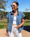Button Up Cap Sleeve Denim Jacket - Barbara Aleks