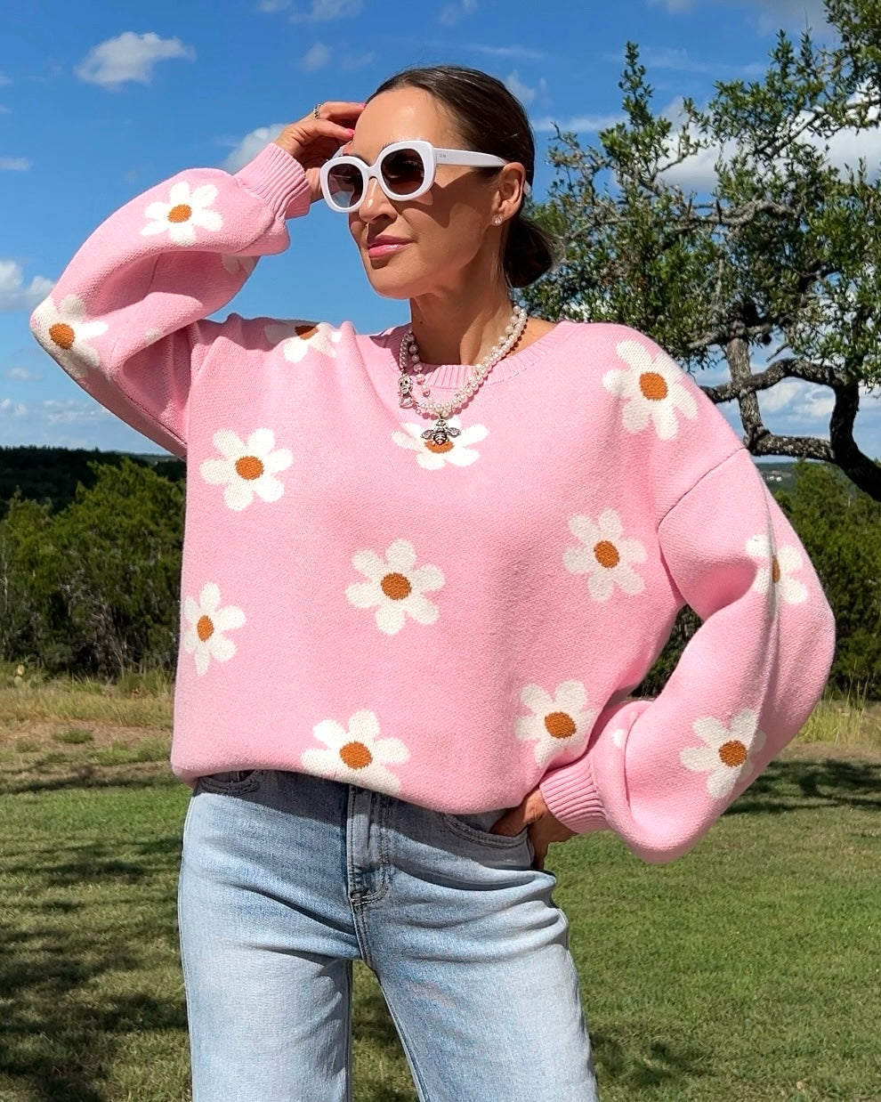 Flower Round Neck Dropped Shoulder Sweater - Barbara Aleks