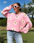 Flower Round Neck Dropped Shoulder Sweater - Barbara Aleks