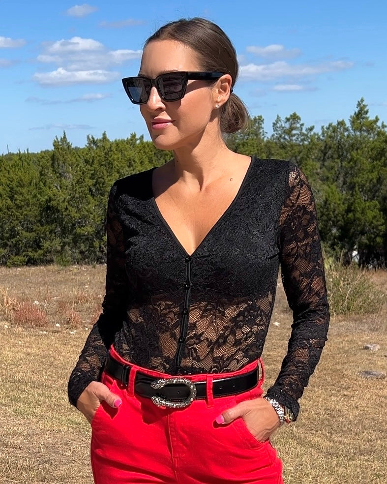 Lace V-Neck Long Sleeve Bodysuit - Barbara Aleks