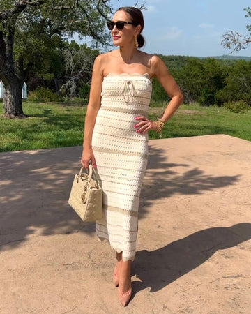 Contrast Striped Crochet Knit Midi Dress