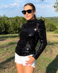 Sequin Mock Neck Puff Sleeve Blouse - Barbara Aleks